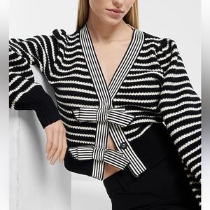 Express Black and White Striped Bow Cardigan